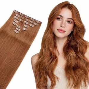 16” Clip-In Hair Extensions - 100% Real Human Hair Clip  Copper Red 7 PCS